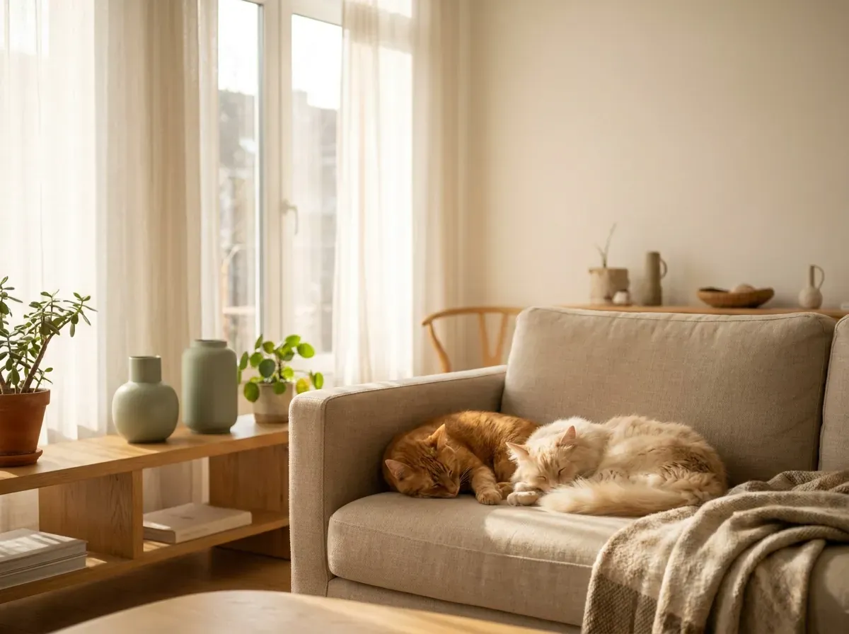 Two cats, one ginger and one cream, curled asleep together on a linen sofa in a warm, sunlit living room