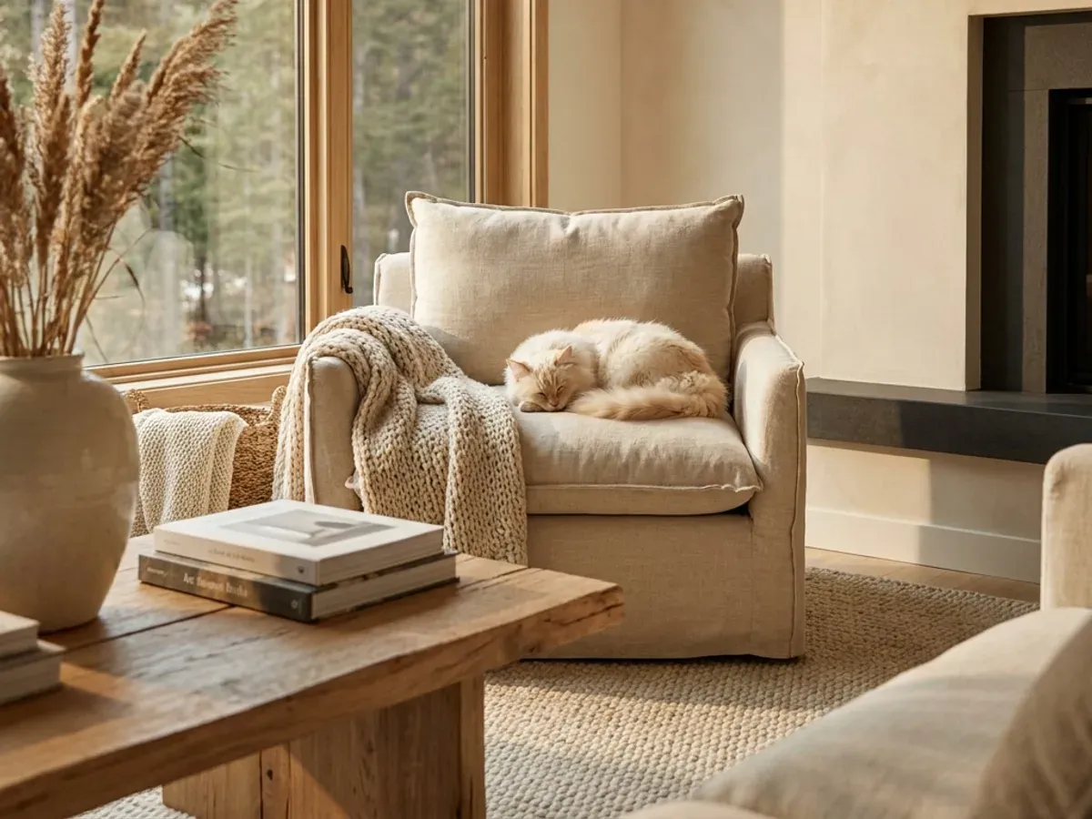 A cream-coated cat curled asleep on a linen armchair in a sunlit, calm living room with warm wood and a window onto pine trees